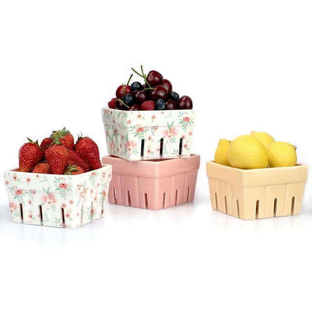 AELS Ceramic Berry Basket, Farmhouse Fruit Bowl Container for Fruit Vegetables, Farmers Market, Pink Floral Pattern, Kitchen Decor, Stoneware Harvest Bowls, Set of 4