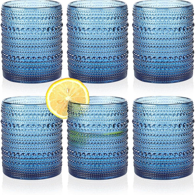 KMIGRUAN Hobnail Drinking Glasses Set of 6,12oz Blue Vintage Glassware,Cocktail Glasses,Embossed Glass Cups,Water Tumbler for Whiskey, Juice and Various Mixed Drinks