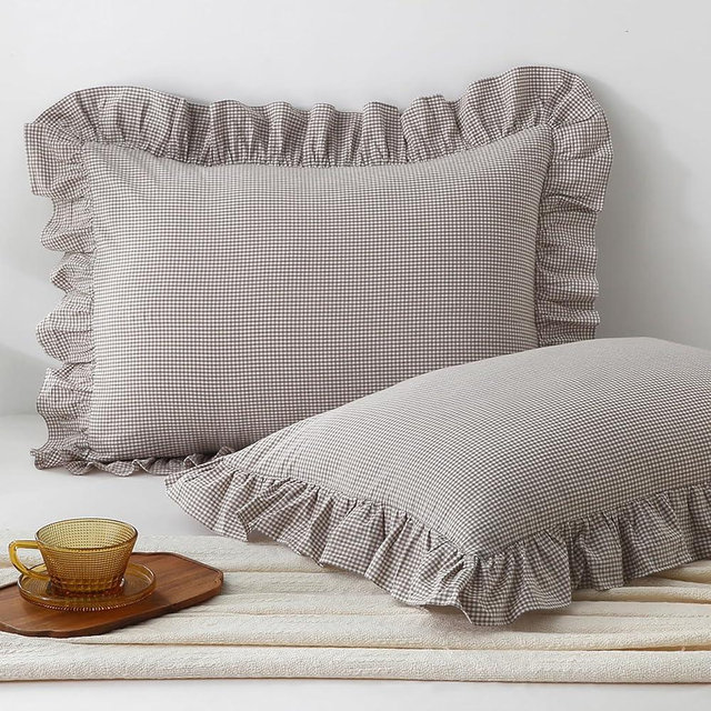 Aryeleay 2 Pack Brown White Plaid Gingham Ruffle Pillow Shams Standard Size, 100% Washed Cotton Checkered Farmhouse Pillow Covers for Bed/Sofa-20 x26