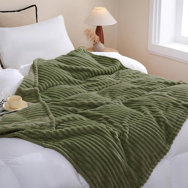 Linecooo Olive Green Fleece Throw Blanket 90”×90” for Couch Sofa Bed,Super Soft Cozy Plush Microfiber Flannel Blanket with Stripes Design Lightweight for Adults,Woman,Girls