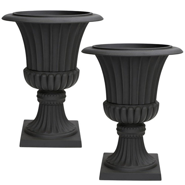 Austram Urn Planters 22", Set of 2, Tall Stone-Resin Pedestal Planters for Outdoor Plants, Large Front Porch Decor, Patio Garden Pots, Outdoor Urns for Entryway, Porch & Deck, Black Plant Pot