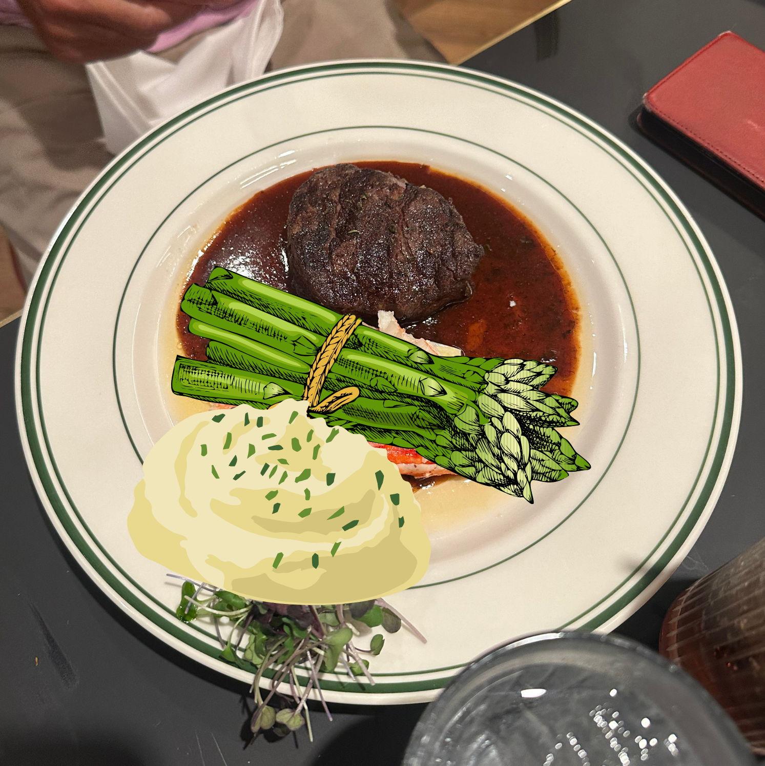 & of course a wedding classic: meat veggies & potatoes
(disclaimer: asparagus and potatoes may appear different as real food and not graphics)
Filet with a bordelaise sauce, potato puree and asparagus