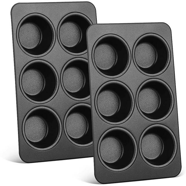 P&P CHEF 6-Cup Muffin Pan Tray Set of 2, Cupcake Pans, Nonstick Coated Stainless Steel Muffin Tin for Baking Mini Egg Cake Brownie Tart, Easy Release & Healthy, Standard Cup Size, Black