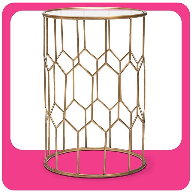 Adore Decor Harper Modern Glass and Metal Side Table, Gold Geometric Decorative Drum Small Accent for Living Room, 15.75" Wide Tabletop