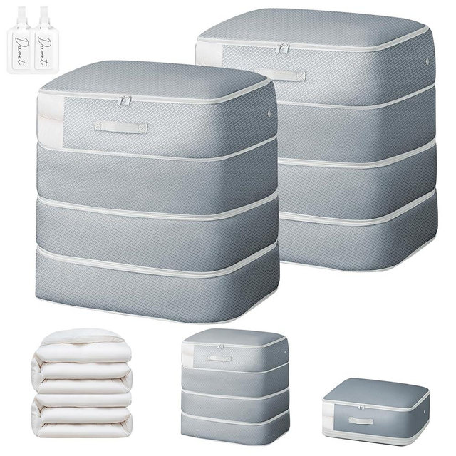 Easortm Comforter Storage Bag - 130L Large Capacity Blanket Storage Bags 4-Layer Ultra Space Saving Self Compression Organizer, Washable Compression Bags for Storage Comforter Blanket, 2-Pack, Grey
