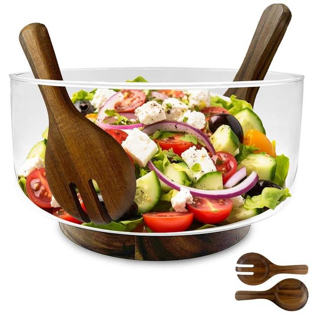 Premium Large Glass Salad Bowl Set with Acacia Wood Base and Serving Utensils - Ideal for Hosting Parties, Host Family Gatherings, and Everyday Use - Elegant, Durable, and Practical Kitchen Essential