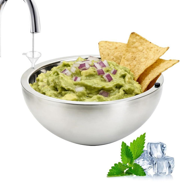 Amestar Dip Chiller Bowl 1 Pack- 70 OZ Large Capacity, Frozen Ice Stainless Steel Insulated Party Serving Bowl, Salad Pod for Parties Salsa, Guacamole, Condiments, Sauces, Keeps Food Hot or Cold (1)