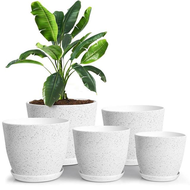 Utopia Home Plant Pots Indoor with Drainage - 7/6.6/6/5.3/4.8 Inches Decorative Flower Pots for Indoor Plants - Pack of 5 Spotty Grey Plastic Planters for Indoor Plants, Flowers Pot