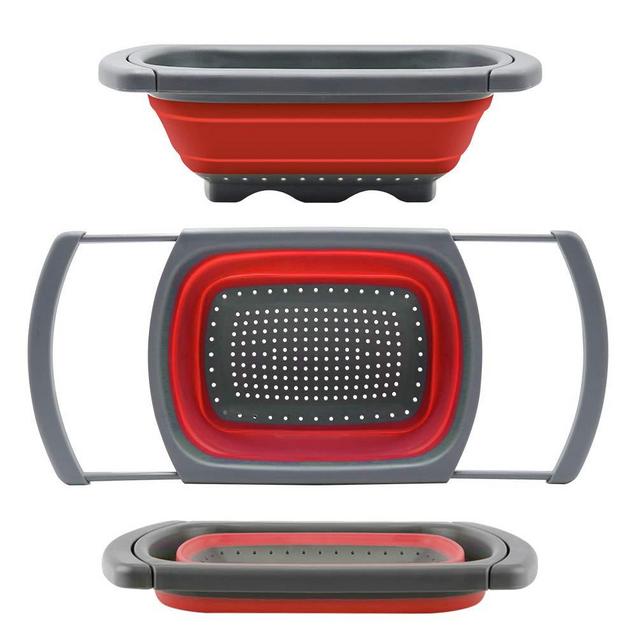 Qimh Colander collapsible, Colander Strainer Over The Sink Vegtable/Fruit Colanders Strainers With Extendable Handles, Folding Strainer for Kitchen,6 Quart (red)