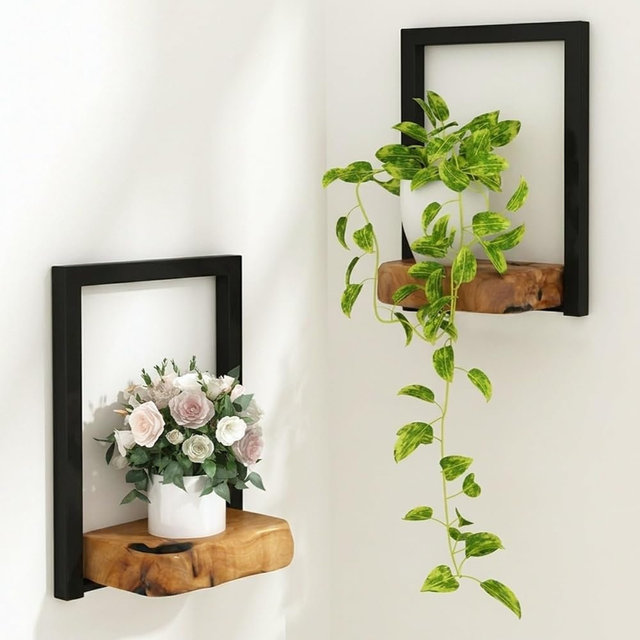 WELLAND 2-Pack Live Edge Cedar Wall Shelves with Metal Frame | Each shelf measures approximately 12" W × 9" D × 5" H, perfect for displaying plants, photos, candles, and décor.