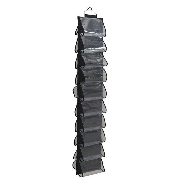 Household Essentials 20-Pocket Closet Shoe File, Durable Polyester Linen Plastic, Holds 10 Pairs of Shoes, Individual Storage, Single Hook System, Black