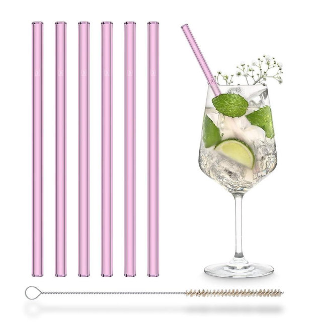 Halm Glass Straws Pink Rose - 6x Reusable 8 inch Drinking Straws + Plastic-Free Cleaning Brush - Made in Germany - Dishwasher Safe - Straight - Perfect for Smoothies, Cocktails