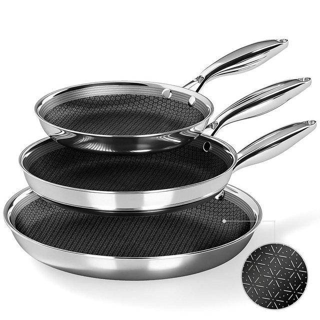 Kitchen Academy 8/10/12 Inch Stainless Steel Skillet Set, 3-Piece Tri-Ply Induction Frying Pans, Oven Safe & Dishwasher Safe, PFOA-Free Cookware