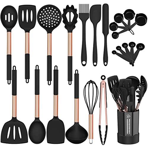 Silicone Cooking Utensil Set, Fungun 24pcs Silicone Cooking Kitchen Utensils Set, Non-stick Heat Resistant - Best Kitchen Cookware with Copper Stainless Steel Handle - Black(BPA Free, Non Toxic)