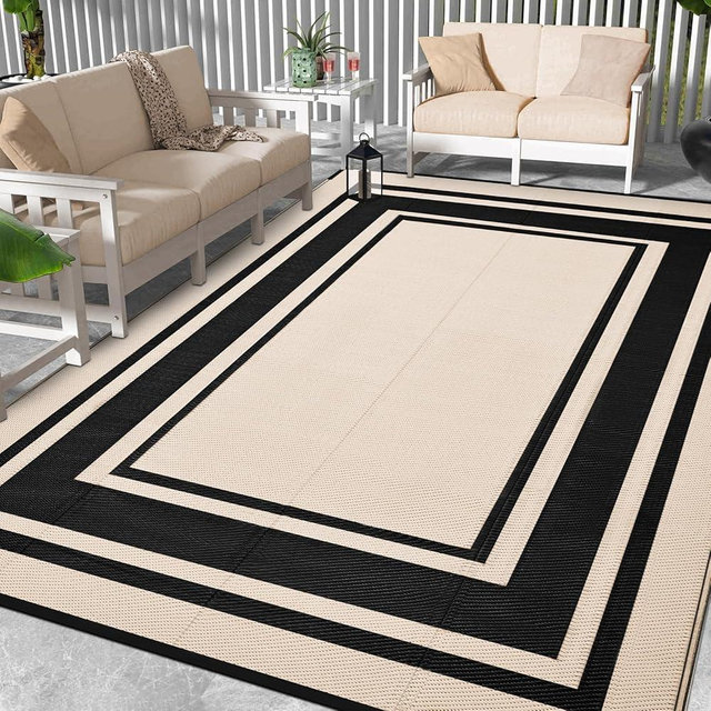 SatisInside Outdoor Rug 8x10 Ft Waterproof Plastic Straw Rugs for Patio,RV,Beach,Camping, Backyard,Porch, Picnic, Black&Beige