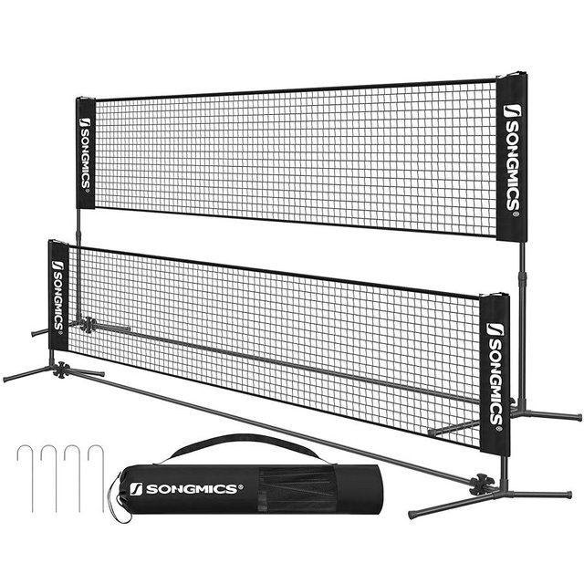 SONGMICS Badminton Net, Height Adjustable Volleyball Net, Pickleball Net for Junior Tennis, Kids, Indoor Outdoor Court, Foldable Nylon Net with Poles 10ft/13ft/16.5ft Wide