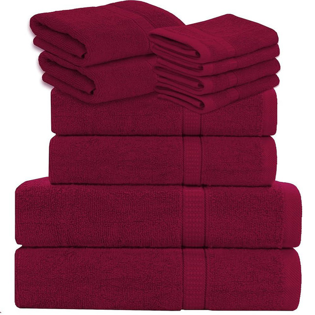 GOLD TEXTILES Luxury 10 Piece Towel Set, (Bath Towel 27x54, Hand Towel 16x30, Washcloth 13x13, Pool Towels 24x50) Ultra-Plush Absorbent Cotton Towels for Bathroom (Red Wine, 10 Piece Towel Set)