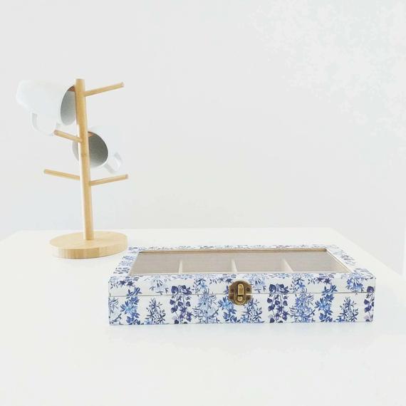 Tea box with blue flowers, wooden tea box with glass lid