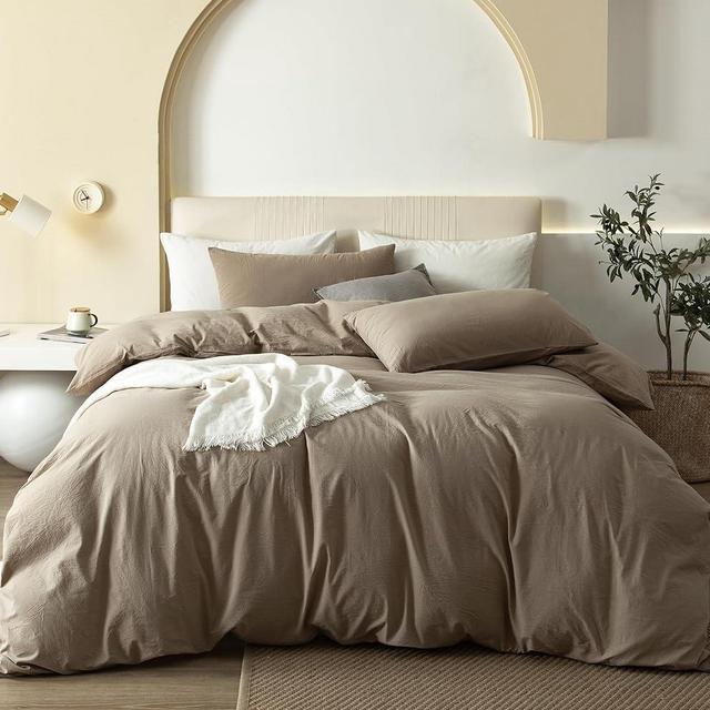 JIYUAN 100% Washed Cotton Duvet Cover Set Comfy Simple Style Soft Breathable Textured Durable Linen Feel Bedding for All Seasons Oversized Queen Size,Solid Khaki