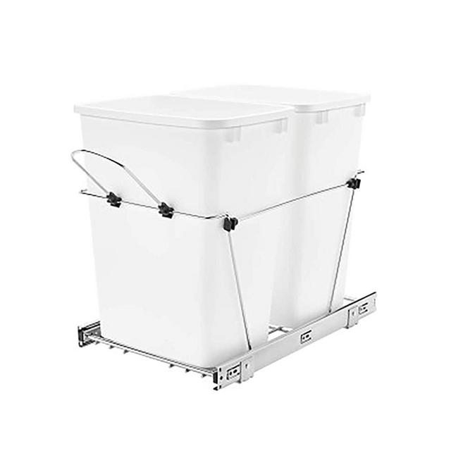 Rev-A-Shelf RV-18KD-11C S Double 35-Quart Chrome Wire Bottom Mount Pullout Kitchen Waste Trash Can Container Bin with Full-Extension Slides, White