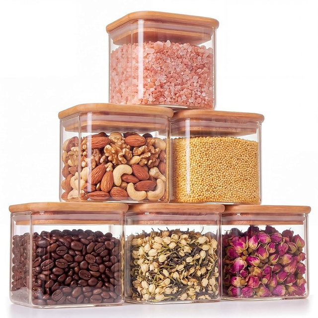 Xoniwis 6-Pack 0.7Qt Small Rectangle Glass Storage Jars with Bamboo Lids, Pantry Storage Containers for Neat Organization, Ideal for Minimalist Kitchen Organizer, Nut, Coffee Beans, Candy, Tea