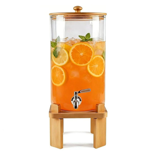 2.3 Gallon Large Glass Drink Dispenser for Parties, Glass Beverage Dispenser with Wood Stand, Juice & Lemonade Dispenser, Iced Beverage Dispenser with Spigot, Water Dispenser for Party with lid