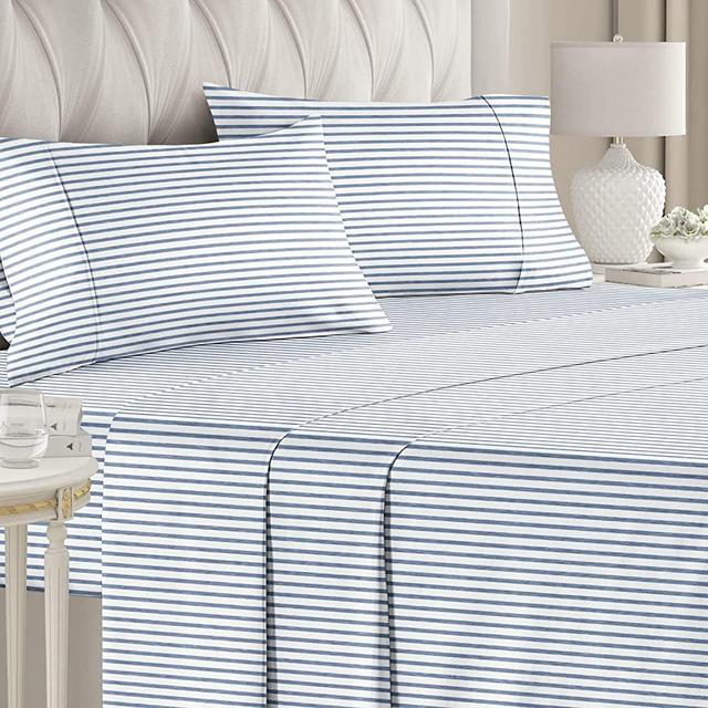 Striped Bed Sheets - Pin Striped Sheets - Blue and White Sheets - White and Blue Striped Sheets - Queen Striped Sheets - Hotel Luxury Bed Sheets - Deep Pockets - Breathable & Cooling Sheets