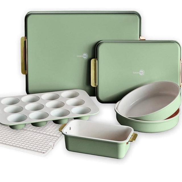 GreenPan Bakeware Set, 7 Piece Nonstick Ceramic Gold Handle Baking Sheets, Cake Pans, Loaf Pan, Muffin Tin, Cooling Rack, PFAS & BPA Free, Freezer to Oven Dish, Bake & Roast Ovenware, Sage Green