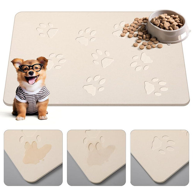 Drydiet Valentine Dog Gift Stone Mat for Dog Bowl Diatomaceous Earth Absorbent Non Slip Cat Puppy Mat for Food and Water Quick Drying Easy to Clean Placemat for Bowl Dish(Beige,16 x 24 Inch)
