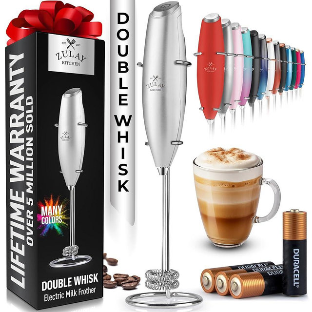 Zulay Kitchen Whisk Milk Frother with 4 Duracell Batteries - Powerful Handheld Foam Maker for Coffee, Lattes, Matcha, Hot Chocolate & Cappuccinos - Whip Creamy Froth in Seconds