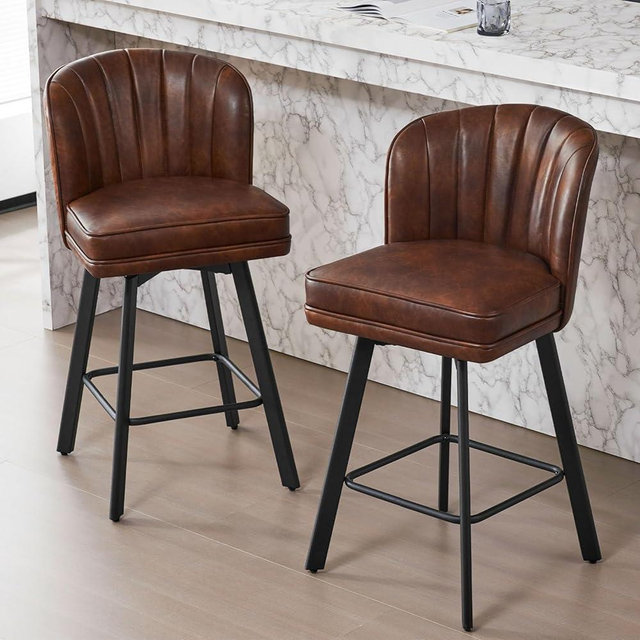 SAECKBERG Swivel Counter Height Bar Stools Set of 2, 26'' Modern Barstools with Backs and Metal Legs, Upholstered Bar Chairs, Faux Leather Brown Stools for Kitchen Island Chairs