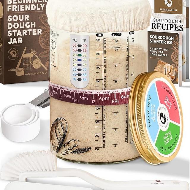 Superbaking Sourdough Starter Jar, Beginner Friendly Sourdough Starter Kit with 34oz Wide Mouth Glass Jar, Sour Dough Container with Guide & Recipes, Sourdough Bread Baking Gift, Sourdough Jar, Crock