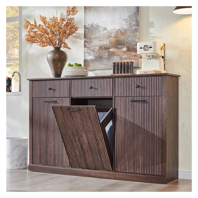 Triple Tilt Out Laundry Hamper Cabinet, Hidden Laundry Cabinet with 3 Drawers & 2 Baskets, 20 Gallon Trash Can for Bathroom, Kitchen, Brown