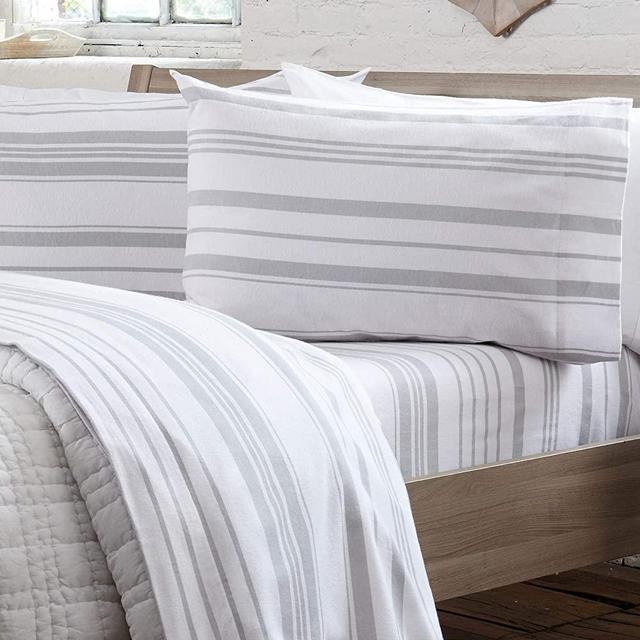4 Piece Extra Soft 100% Turkish Cotton Heavyweight Flannel Sheet Set. Warm, Cozy, Luxury Winter Deep Pocket Bed Sheets. Raye Collection (King, Soft Grey - Stripe)