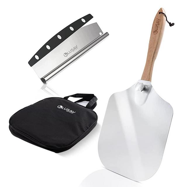 LUSAV Pizza Peel Set-Pizza Paddle + Rocker Cutter Storage Bag- Metal 12inchx14inch With Foldable Wood Handle- Knife Cutter- FREE Bag for Indoor & Outdoor Oven, Pastry, Bread Peal, Silver