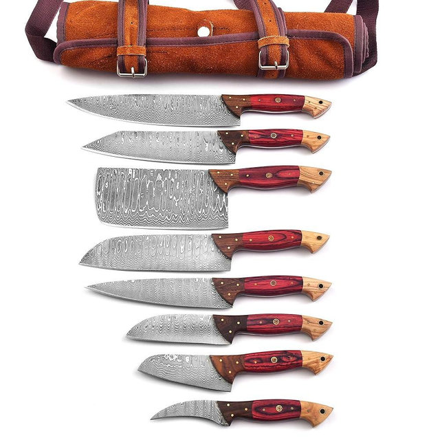 FYNCUT 129-8 Stainless Steel Damascus Knife Set 8 pcs, Kitchen Knife Set with Leather Roll Case Bag High Carbon Ultra Sharp Knife for Kitchen, Professional Chef Knife Set with Bag 129 (8)