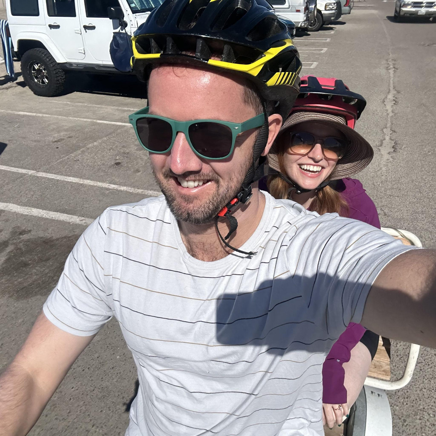 Riding around San Diego on an electric tricycle with a bench on the back!