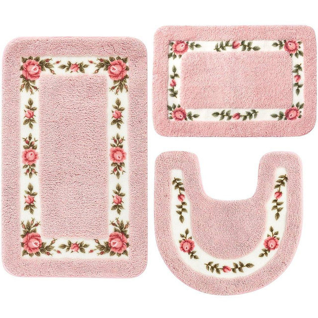 Drydiet 3 Pcs Rose Flowers Bathroom Rugs Set Coquette Room Decor Floral Rugs for Bathroom Bedroom Living Room, Floral Bath Mat Non Skid Romantic Rose Flower Area Rugs 3 Shapes(Pink)