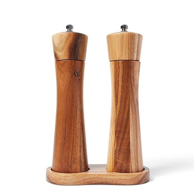 Salt And Pepper Grinder Set [4 pc] - 2 Peppermills, 1 Wooden Plate, Brush Adjustable Coarseness, Easy To Clean Reusable Seasoning Dispenser, Large Refillable Shakers Dark Wood, 2.05 x 8.9 in.