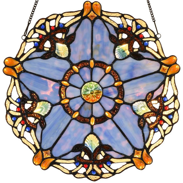 Bieye W10074 Baroque Tiffany Style Stained Glass Window Hanging Panel 12 inches Wide Round with Five-Pointed Star Design (Blue)