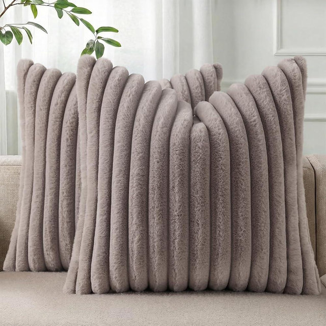 Pallene Faux Fur Plush Throw Pillow Covers 22x22 Set of 2, Luxury Soft Fluffy Striped Decorative Pillow Covers for Sofa, Couch, Living Room, Light Coffee