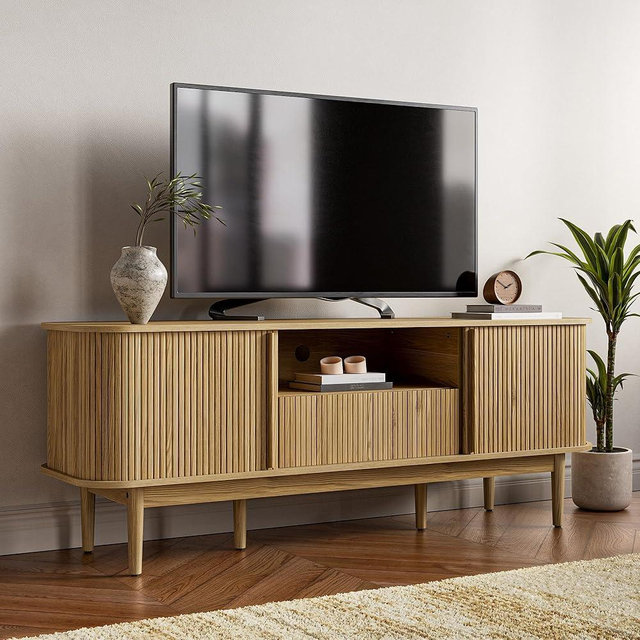 Furniway 63" TV Stand, Modern TV Stand for 45/55/70 inch TV, Entertainment Center with Sliding Doors and Storage, Wood TV Stand for Bedroom, Living Room, Natural