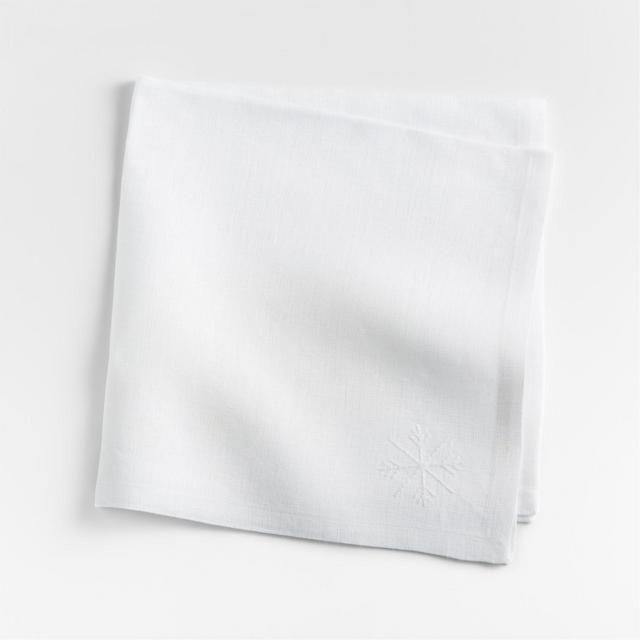 Embroidered Snowflake Crisp White Linen Holiday Napkin