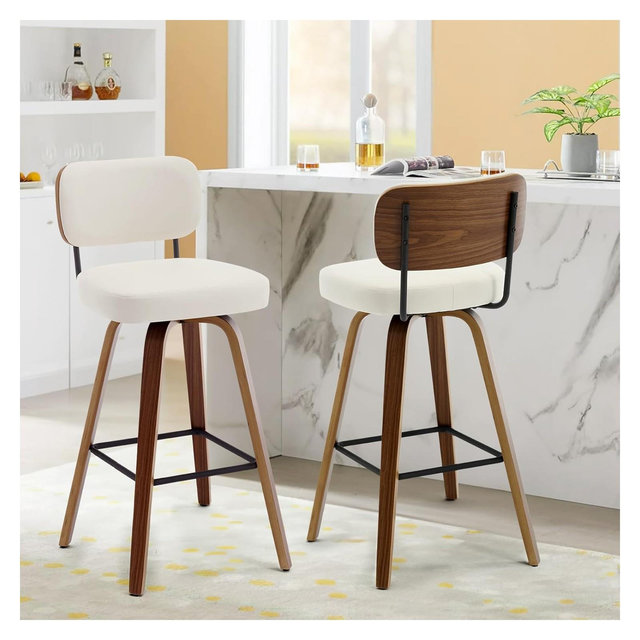 Bekrvio 29" Set of 2 Swivel Barstools with Upholstered Back, Wood Legs, Mid Century Modern Bar Chairs Faux Leather Kitchen Island Stools, White