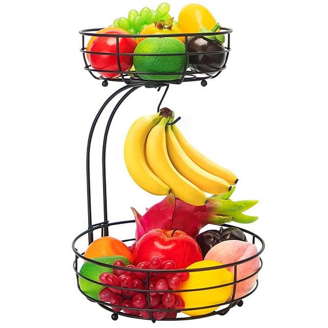 Bextsrack 2-Tier Countertop Fruit Basket Bowl with Banana Hanger for Kitchen, Dining Table, Black