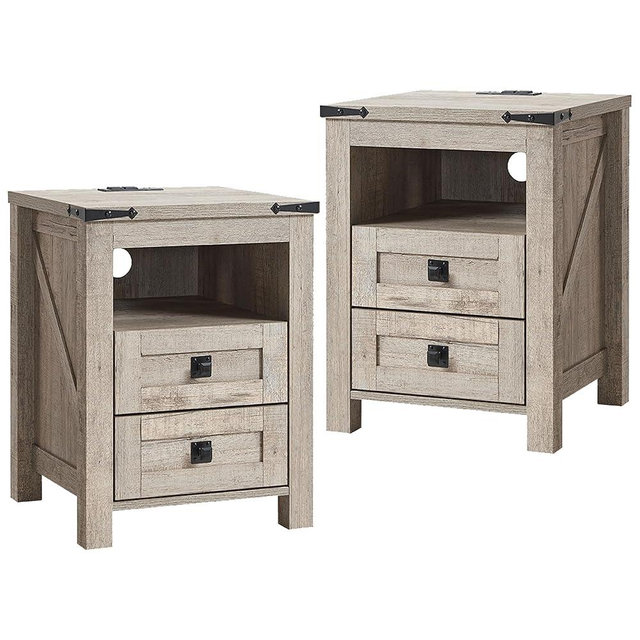 T4TREAM Farmhouse Nightstand Set of 2 with Charging Station, Rustic End Table with 2 Drawers, Storage Open Shelf for Bedroom, Living Room, Wood Side Table, Light Rustic Oak