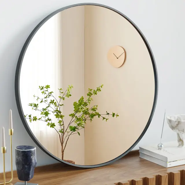 Bestier Round Mirror for Wall Decor, 24" Wall Mounted Circle Vanity Mirrors with Black Frame, Modern Decoration for Bathroom, Living Room, Entryway