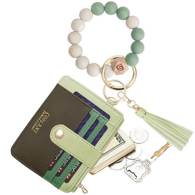 COOLANS Wristlet Bracelet Keychain Pocket Credit Card Holder Purse,Tassel Keychain Silicone Beaded Bangle Key Ring for Women