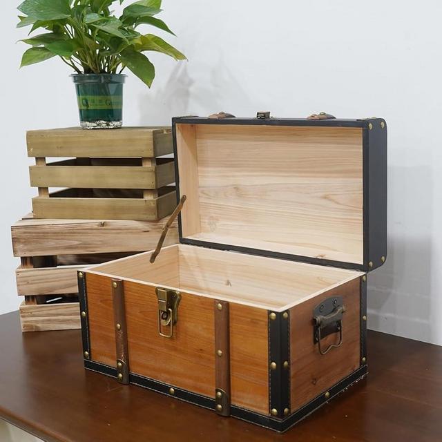 Vintage Wooden and Leather Treasure Chest - Decorative Props and Gift Storage Box (15.74*9.05*9.05inch)