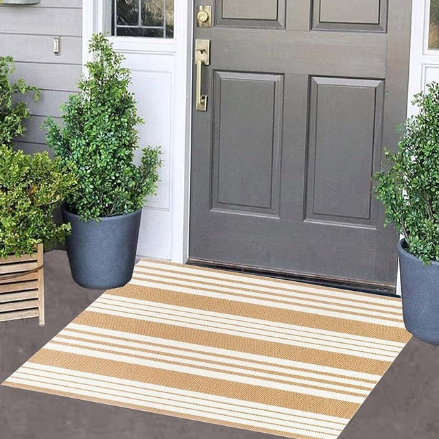 Khaki and White Striped Outdoor Rug 24'' x 35'' Door Mat Outdoor Machine Washable Welcome Mats Cotton Hand-Woven Entryway Rug for Front Porch/Entryway/Laundry/Bathroom/Bedroom